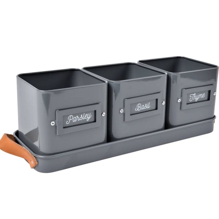 Burgon & Ball 3 Herb Pots in a Leather Handled Tray - Charcoal